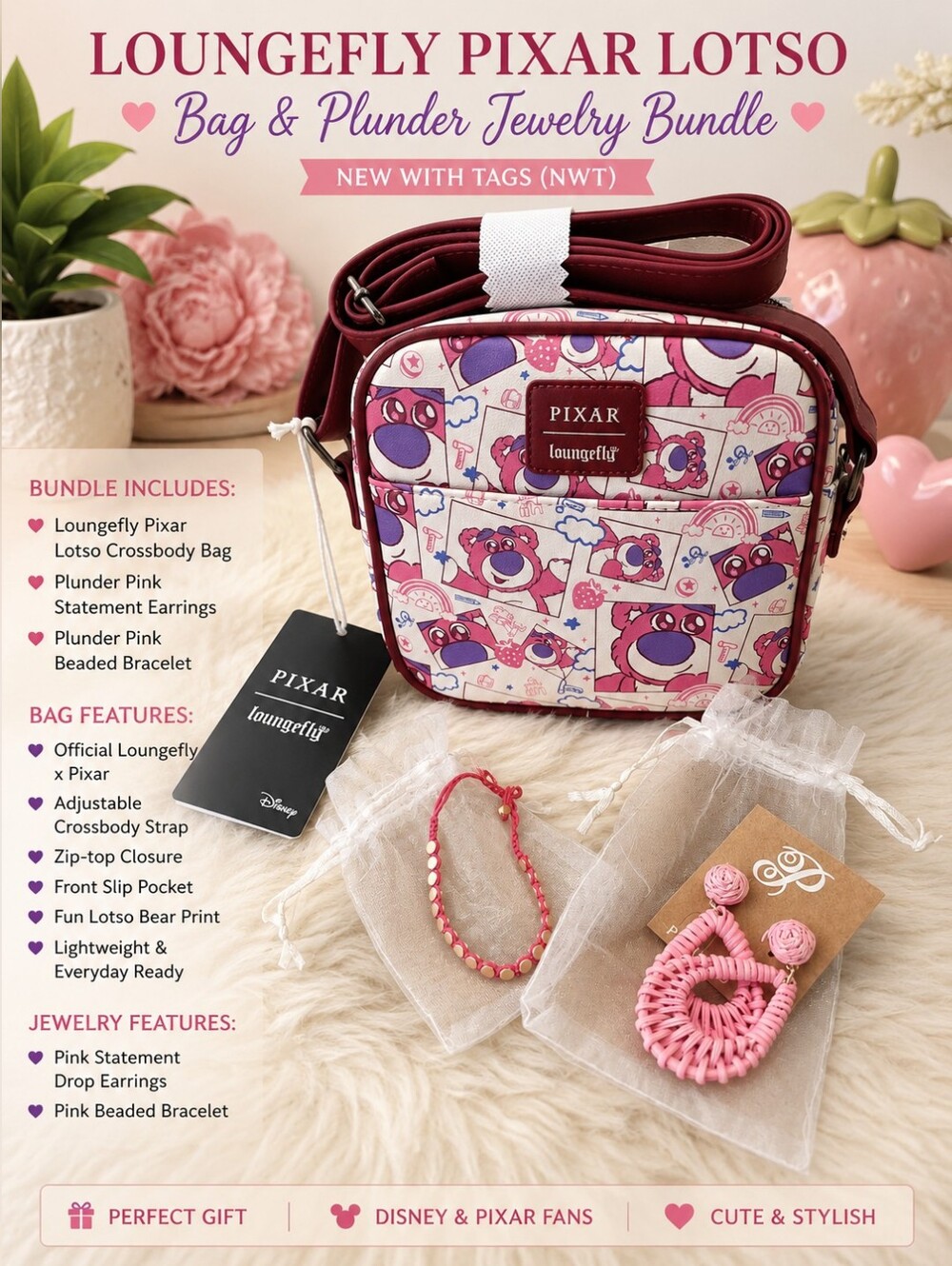 💕Loungefly Pixar Lotso Crossbody Bag & Plunder Jewelry Bundle | NWT